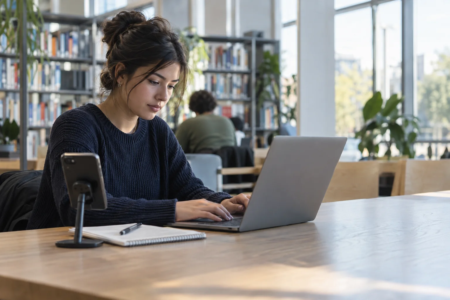 Adult university student writing on a laptop with a phone positioned beside the desk