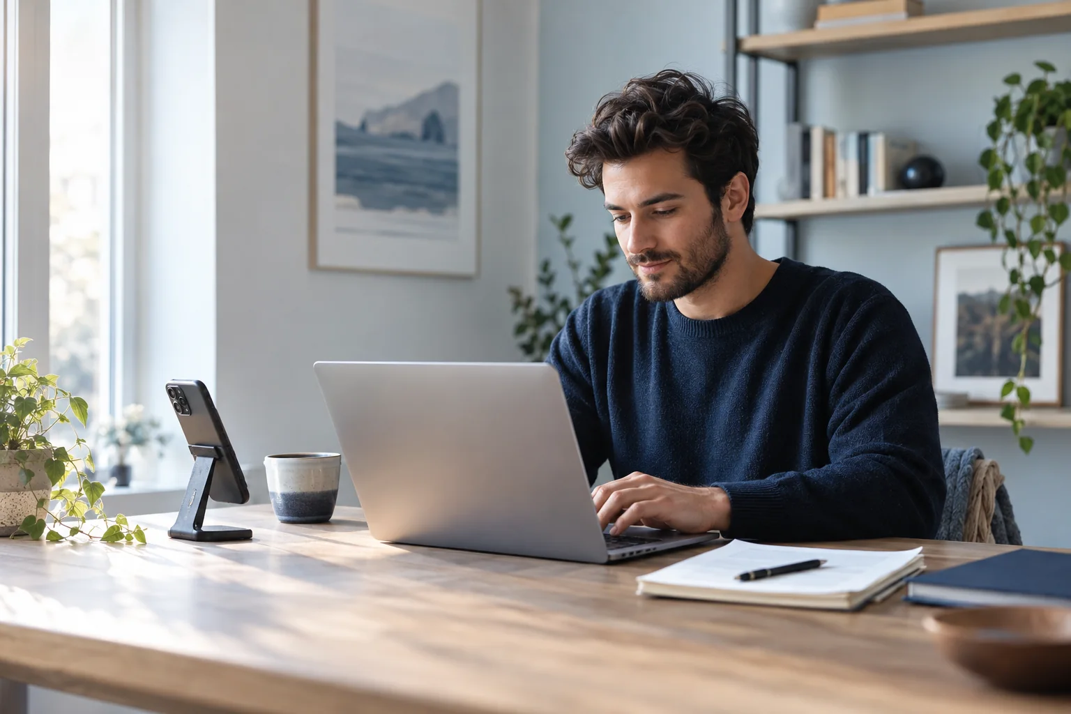 Adult professional writing on a laptop with a phone positioned on a desk stand